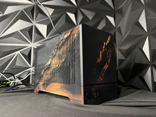 Midnight Oak gaming PC with compact natural wood-accent case