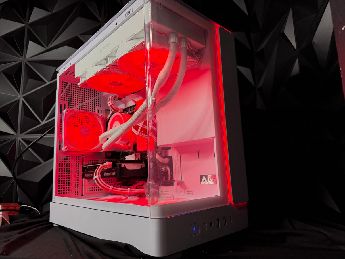 Blood Ice red-and-white gaming PC by Tusker PCs in New Jersey