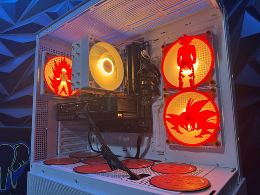 Gaming PC with dragonBall Z design on a geometric patterned wall