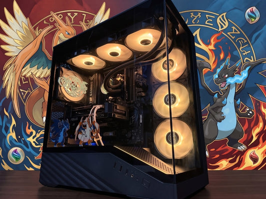 XY Gamer Pokemon themed gaming PC with gold RGB fans, side panel open, Tusker PCS