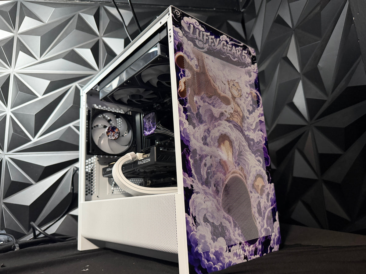 Gear 5 gaming PC with custom Luffy Gear 5 UV-printed panels