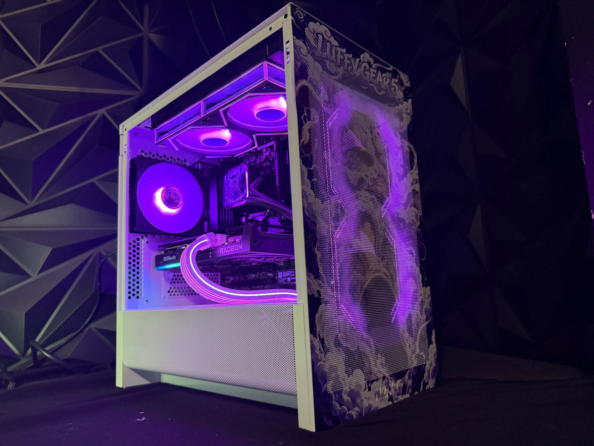 Gear 5 gaming PC with purple RGB lighting