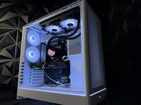 White Ocean custom gaming PC with Ryzen 7 7700X and RX 9060 XT
