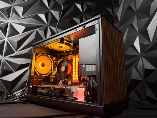 Neon Oak gaming PC with natural wood case and RGB lighting