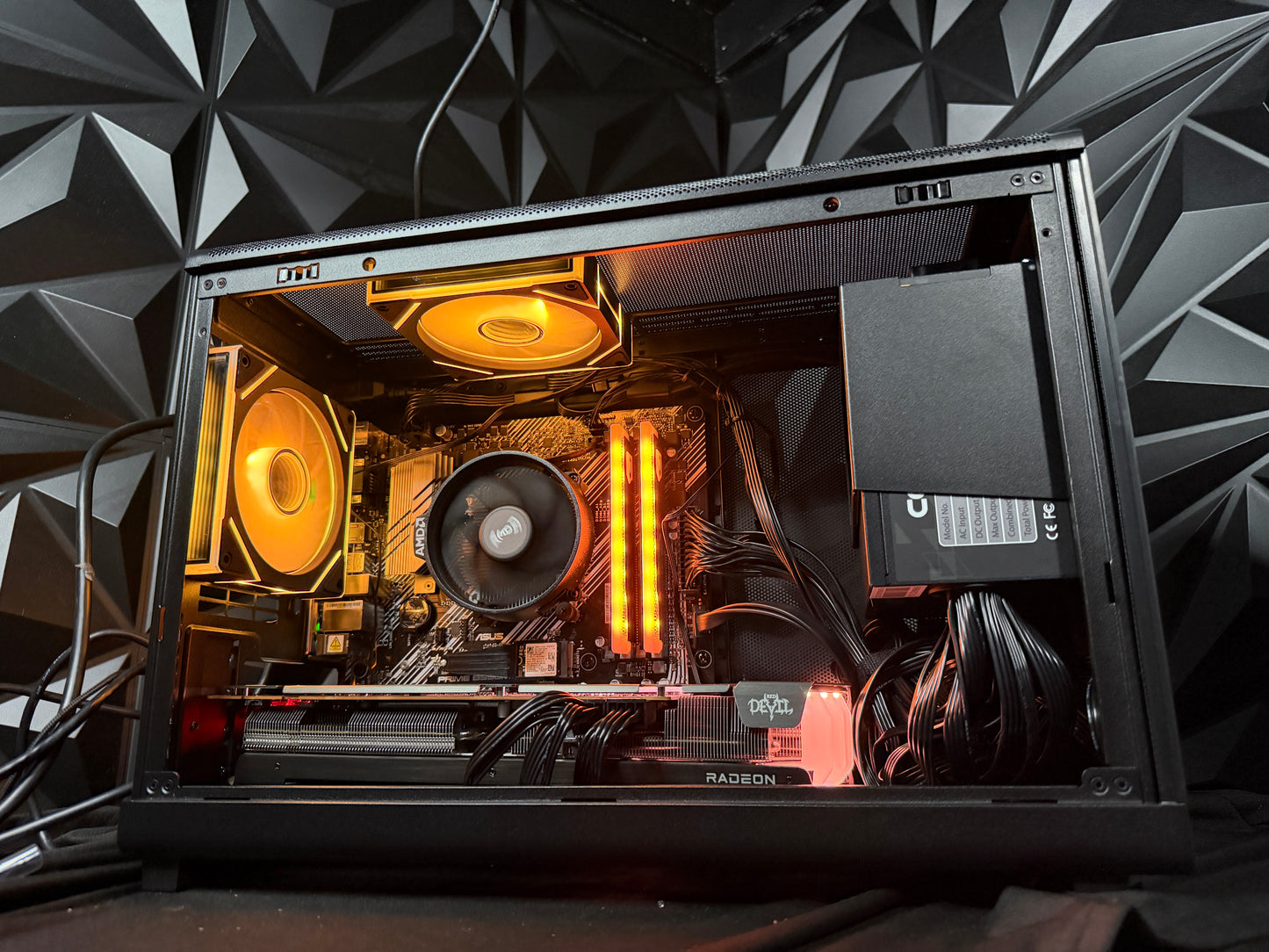 Neon Oak gaming PC interior with Radeon RX 6750 XT graphics card