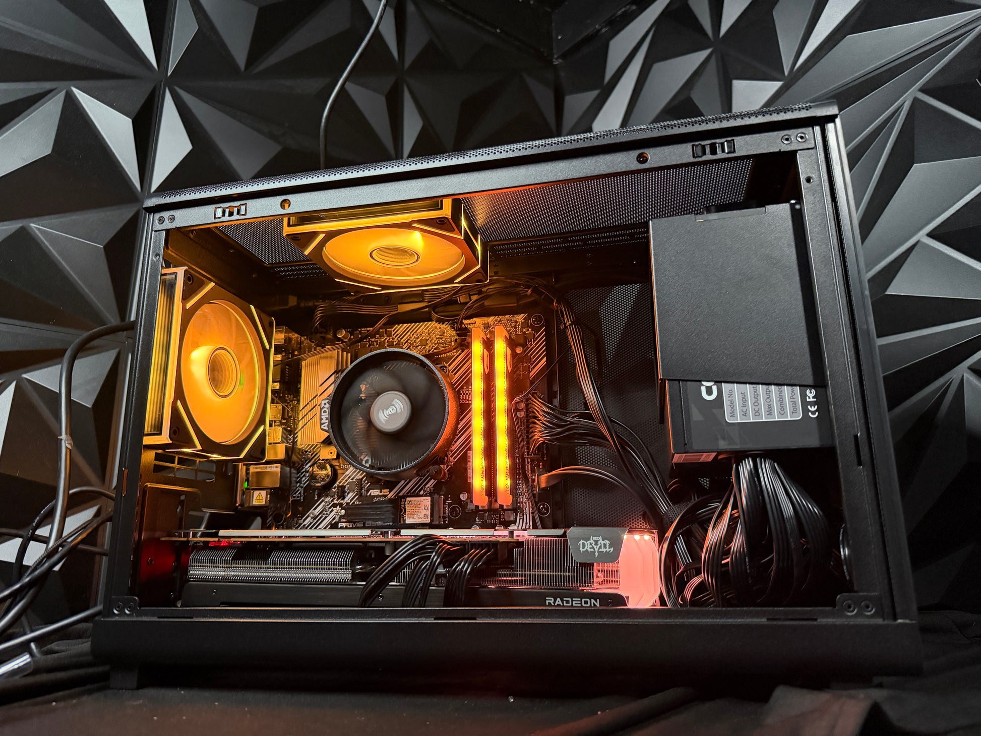 Neon Oak gaming PC interior with Radeon RX 6750 XT graphics card