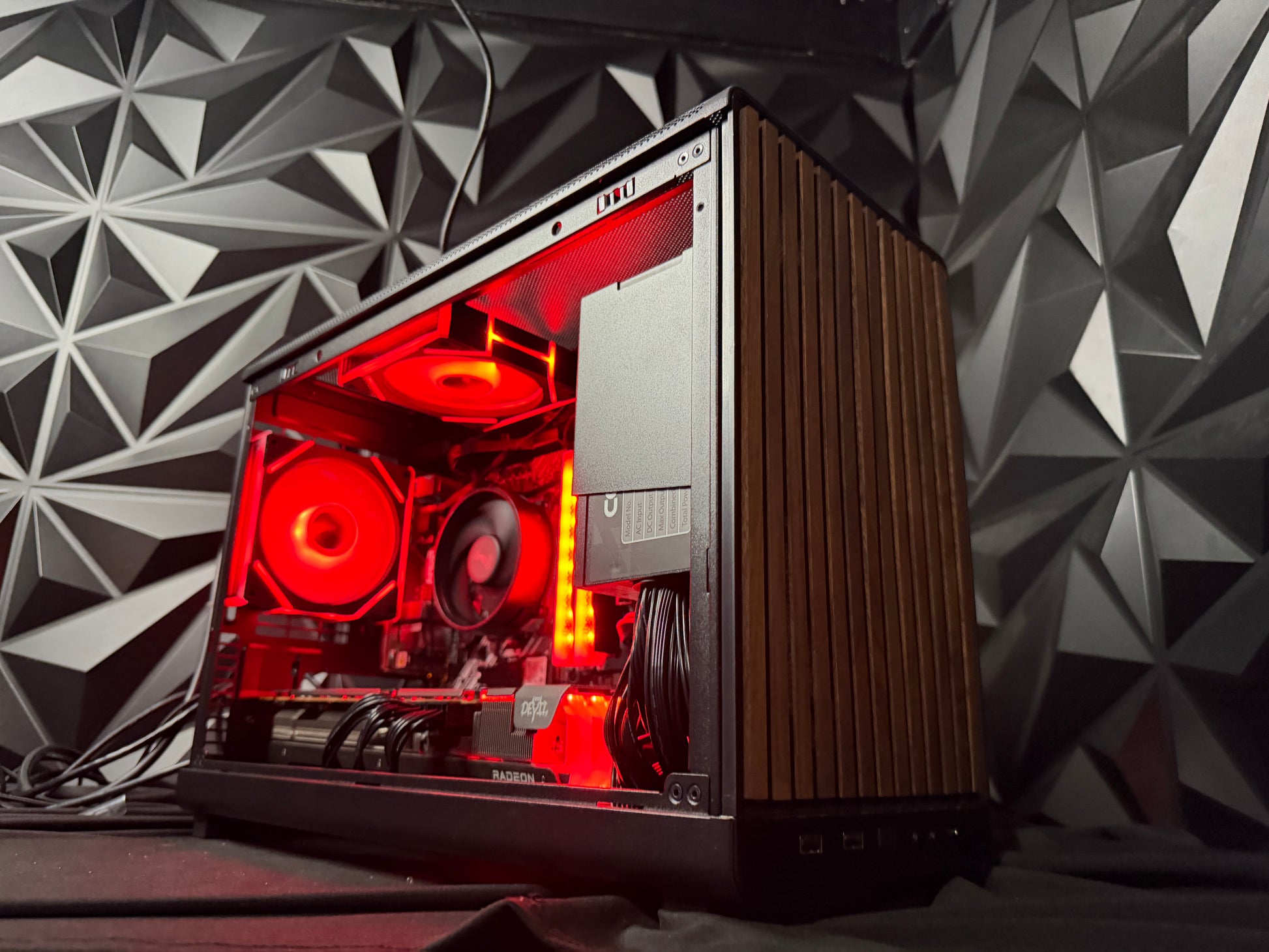 Neon Oak gaming PC with RGB memory and natural wood accents