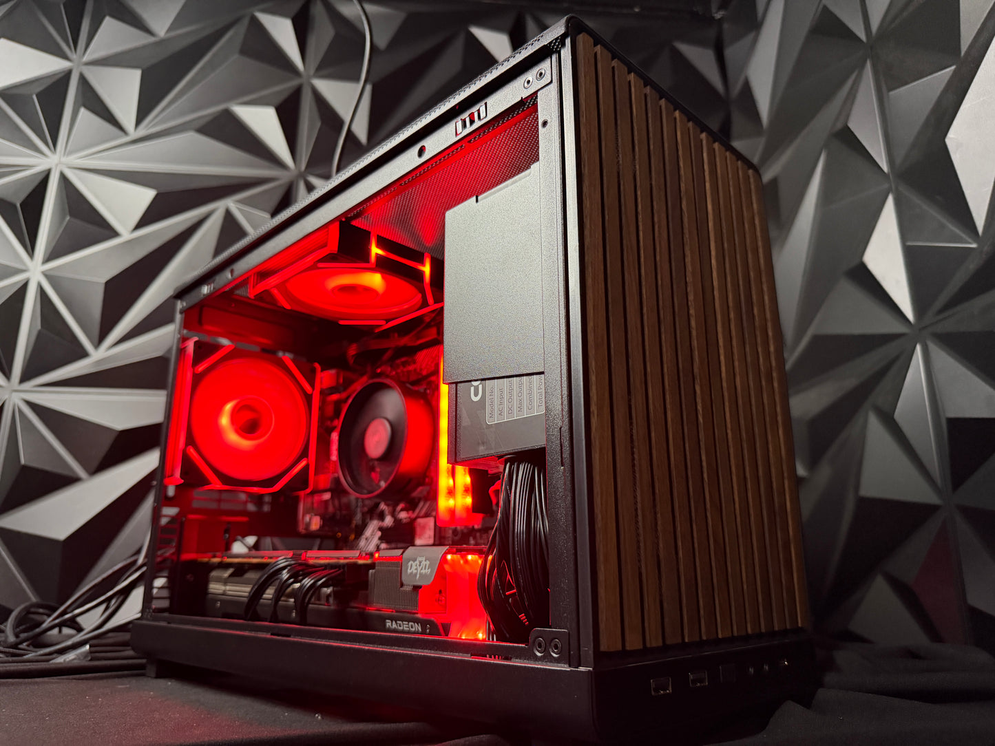 Neon Oak gaming PC angled view