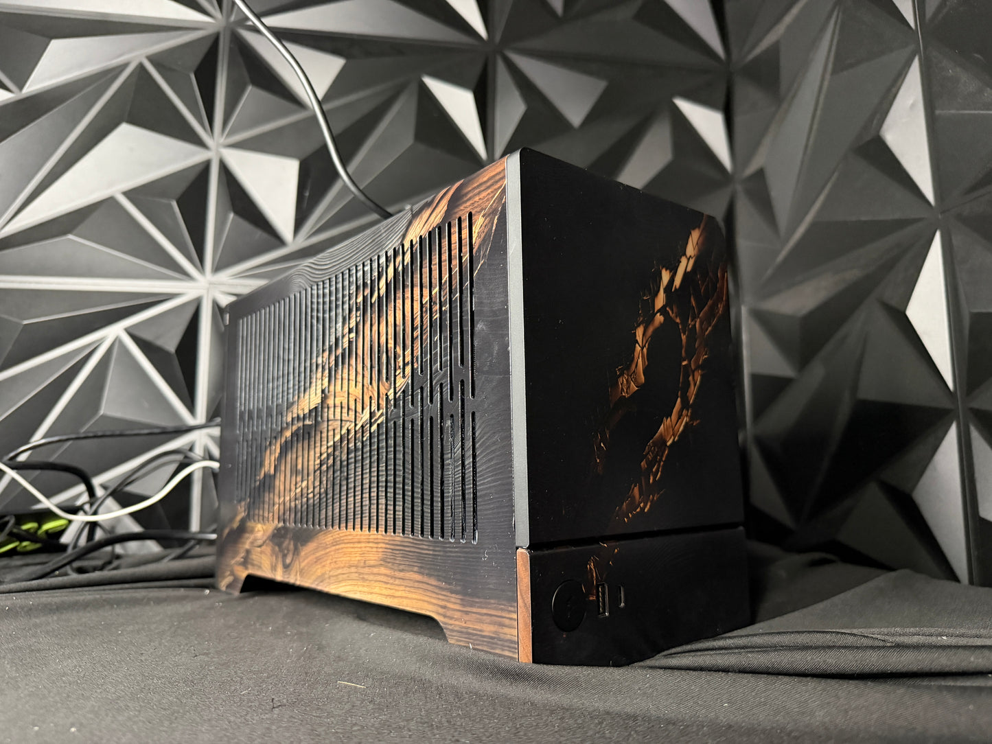Midnight Oak gaming PC with compact natural wood-accent case