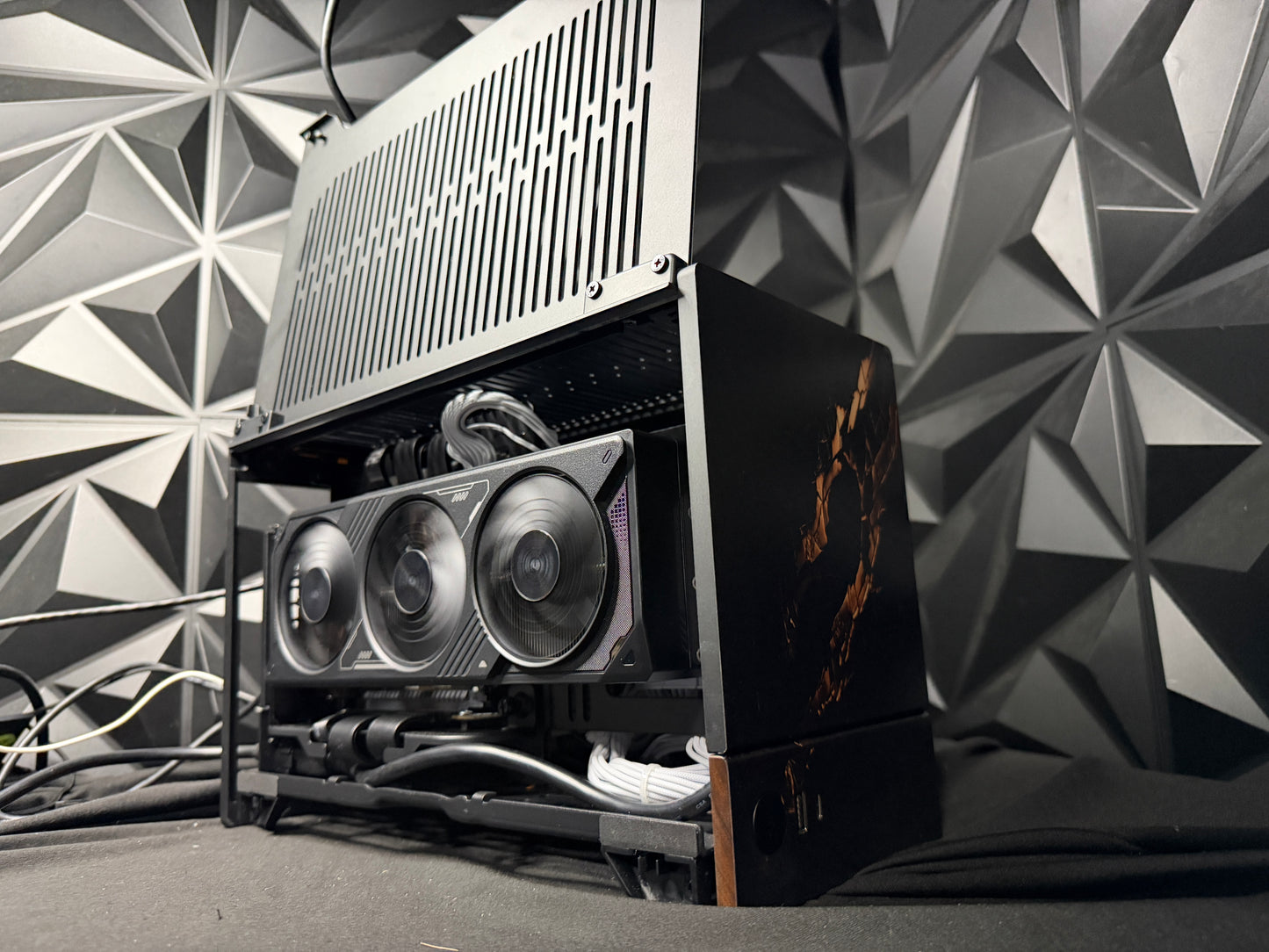 Midnight Oak gaming PC side view with wood-accent panel