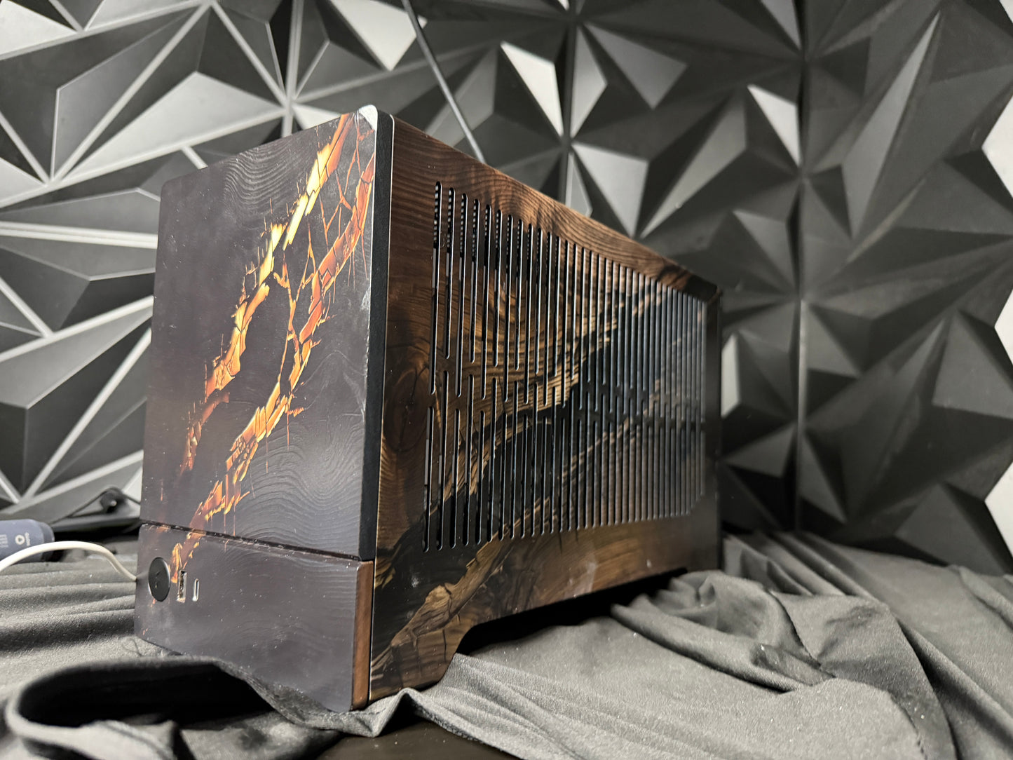 Midnight Oak gaming PC with RGB lighting and wood accents
