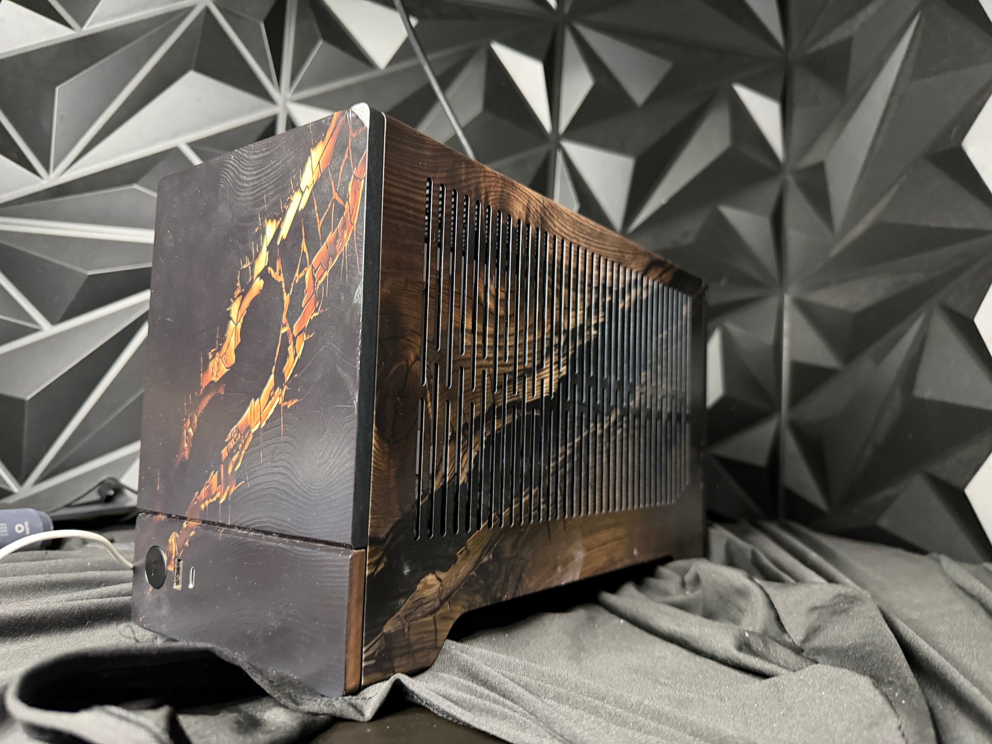 Midnight Oak gaming PC with RGB lighting and wood accents
