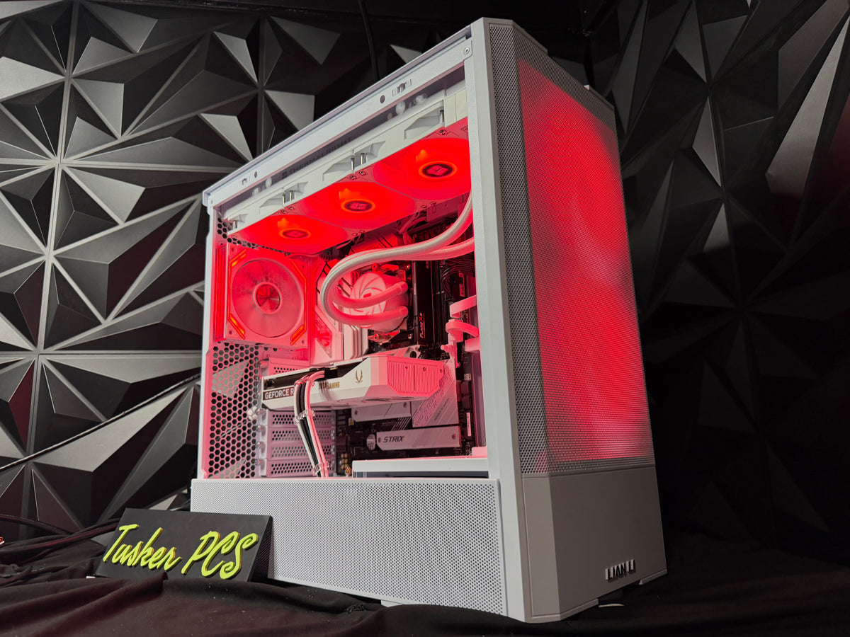 Titanium White gaming PC angled view