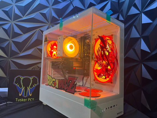 Gaming PC  with dragonBall Z design on a geometric patterned wall