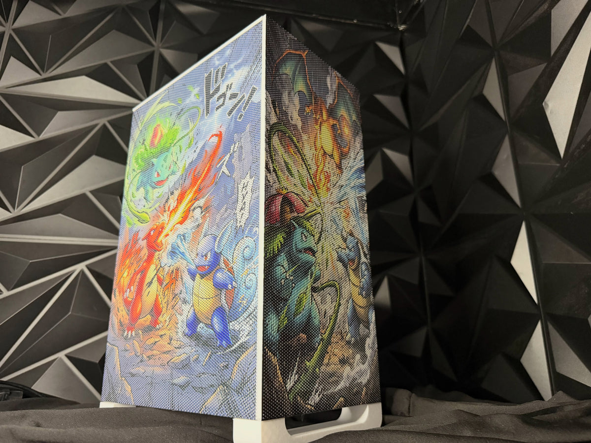 Kanto Clash Pokemon themed mini gaming PC with colorful character art on front and side panels, Tusker PCS