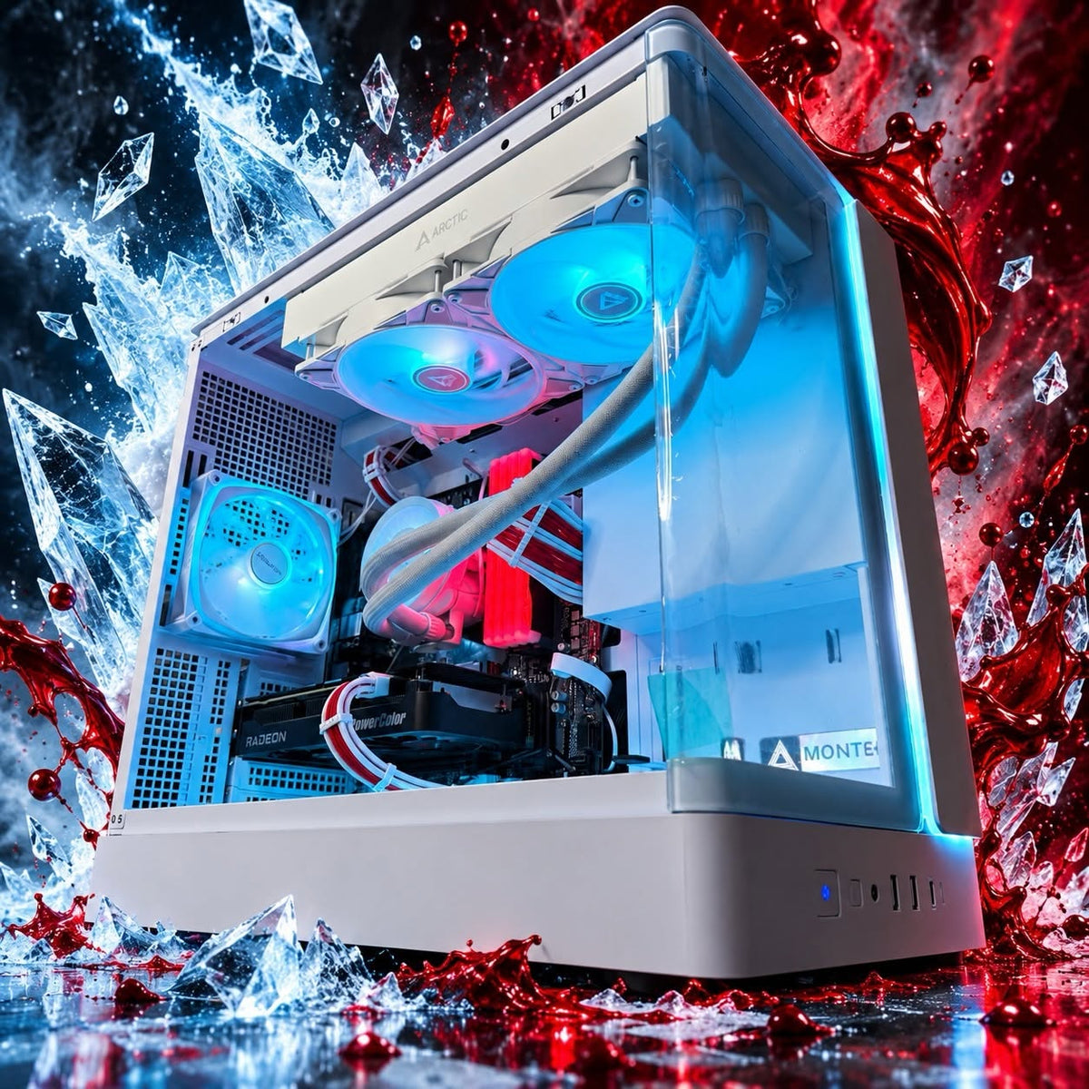 Blood Ice white gaming PC with blue and red RGB, ice and blood themed backdrop, Tusker PCS