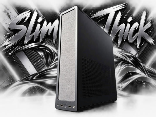 Slim Thick mini-ITX gaming PC, black mesh design, front view, Tusker PCS